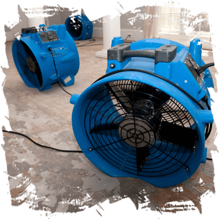 Two large blue industrial fans on a spattered white floor, aimed at drying the area as part of an emergency restoration. One fan is in the foreground connected by a black power cable.