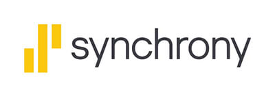 Logo of Synchrony Financial featuring the word "synchrony" in gray lowercase letters and an emergency restoration yellow vertical bar on the left.