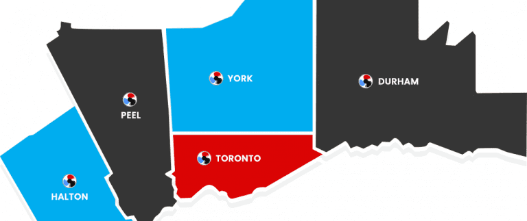 A color-coded emergency restoration map showing regions around Toronto: Peel in dark blue, Halton in black, York in lighter blue, Toronto in red, and Durham in gray, each marked with a circular