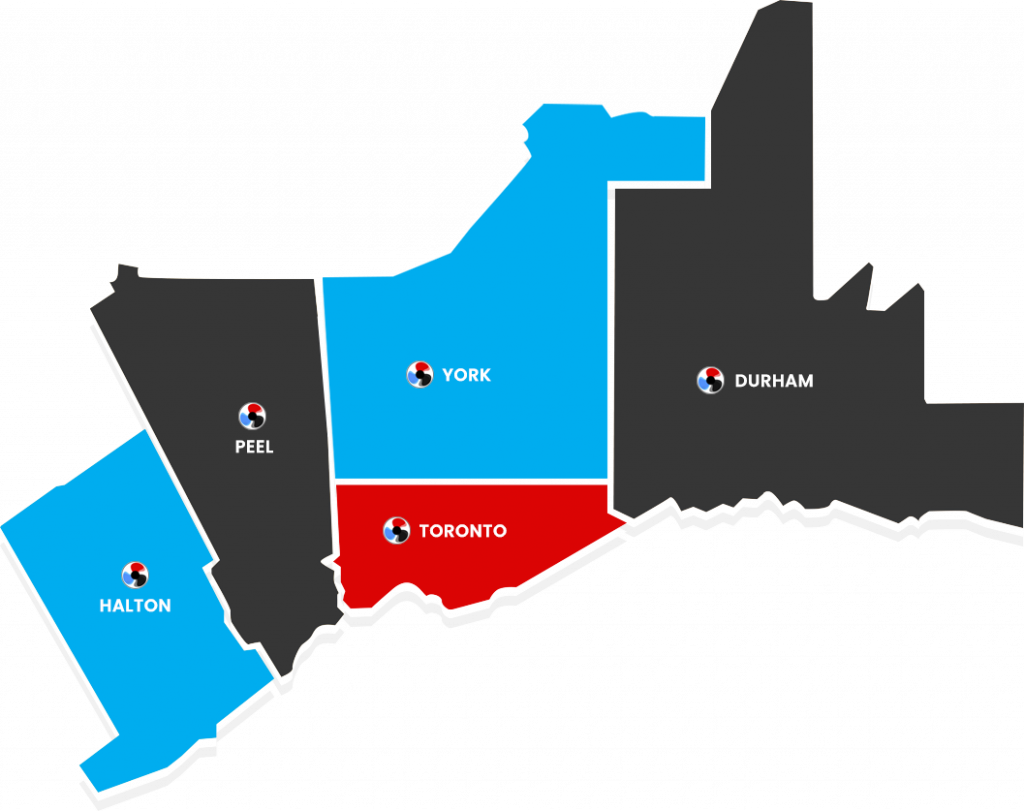 Map of the greater Toronto area showing regions such as Peel, York, Toronto, Halton, and Durham, with various colors and boundary markers for emergency restoration areas.