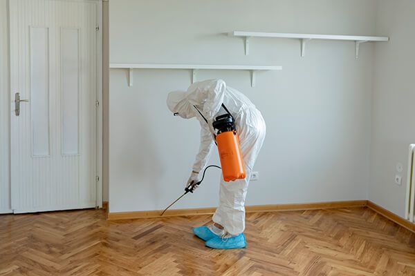 A person in a protective suit and face mask sprays disinfectant on a wooden floor inside an empty room, demonstrating professional emergency restoration or pest control.