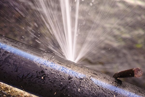 Close-up of a burst water pipe with water forcefully spraying out, creating a misty effect around. This emergency restoration scene shows the blue pipe visibly damaged with droplets on its surface.