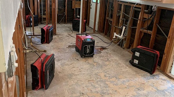 An interior view of a home under emergency restoration showing exposed wooden studs and scattered red dehumidifiers on a bare concrete floor.