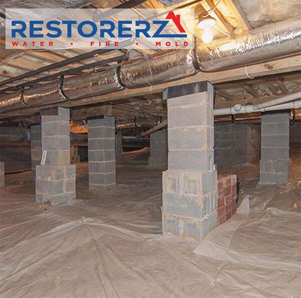 Crawl space of a house showing exposed insulation, several block pillars supporting the structure, and a covered ground with an emergency restoration company logo: restorerz in the top left corner.