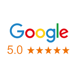 Logo of Google with multicolored letters and five golden stars underneath, indicating a 5.0 emergency restoration rating.