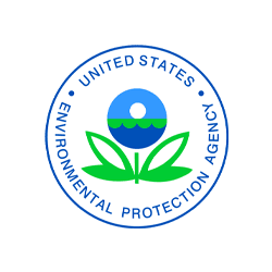 Logo of the United States Environmental Protection Agency (EPA), featuring a blue circle with a stylized emergency restoration and water design, overlaid on green leaves, surrounded by agency name in blue