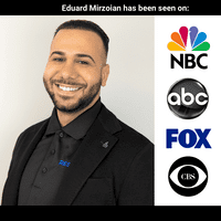 Portrait of a smiling man in a dark suit with an emergency restoration lapel pin, alongside logos of NBC, ABC, Fox, and CBS, with text stating "Eduard Mirzoian has
