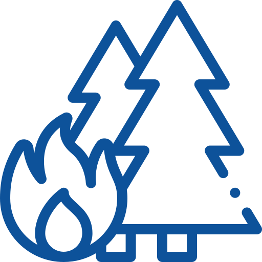 A simple blue line drawing featuring two pine trees next to an emergency restoration campfire, depicted on a solid teal background.