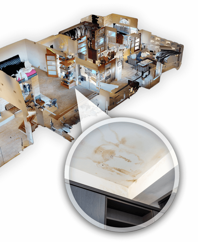 3D cutaway view of a residential house showing detailed interiors of multiple rooms, with a magnifying glass zooming in on water damage in one area, labeled for emergency restoration.