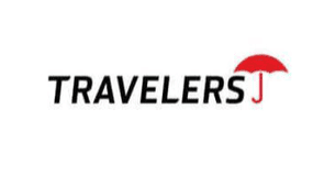 Logo of Travelers Emergency Restoration Insurance featuring the word "travelers" in black capital letters, with a red umbrella hovering above the letter 'v'.